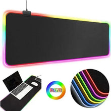 RGB gaming desk mat with black surface and multicolor glowing border