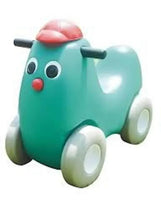 Teal ride-on car toy with pink dome, smiling face, and white wheels