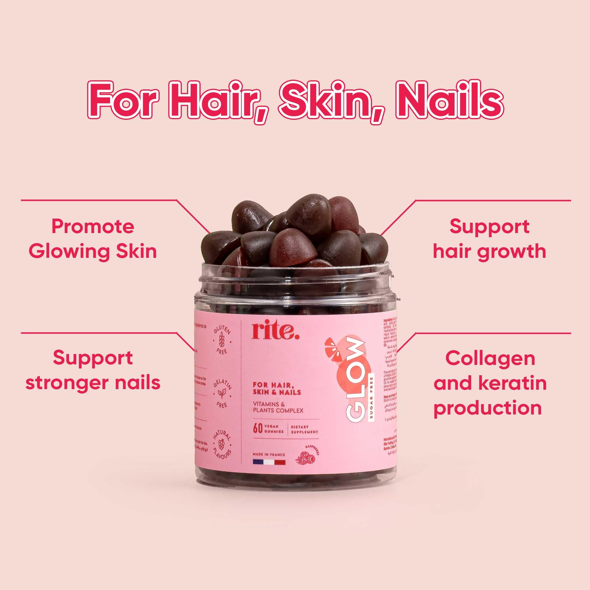 Rite jar of vegan hair skin nails gummies pink labeled jar with brown gummies and benefit callouts