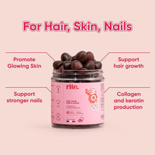 Vegan vitamin gummies bottle with dark gummies; label says for Hair, Skin, Nails
