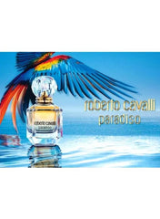 Roberto Cavalli Paradiso EDP 75ml perfume bottle against a vibrant tropical background