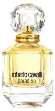roberto cavalli paradiso EDP perfume bottle, gold-tinted liquid, faceted glass