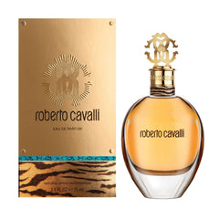 Roberto Cavalli Signature perfume bottle and gold packaging with animal print design