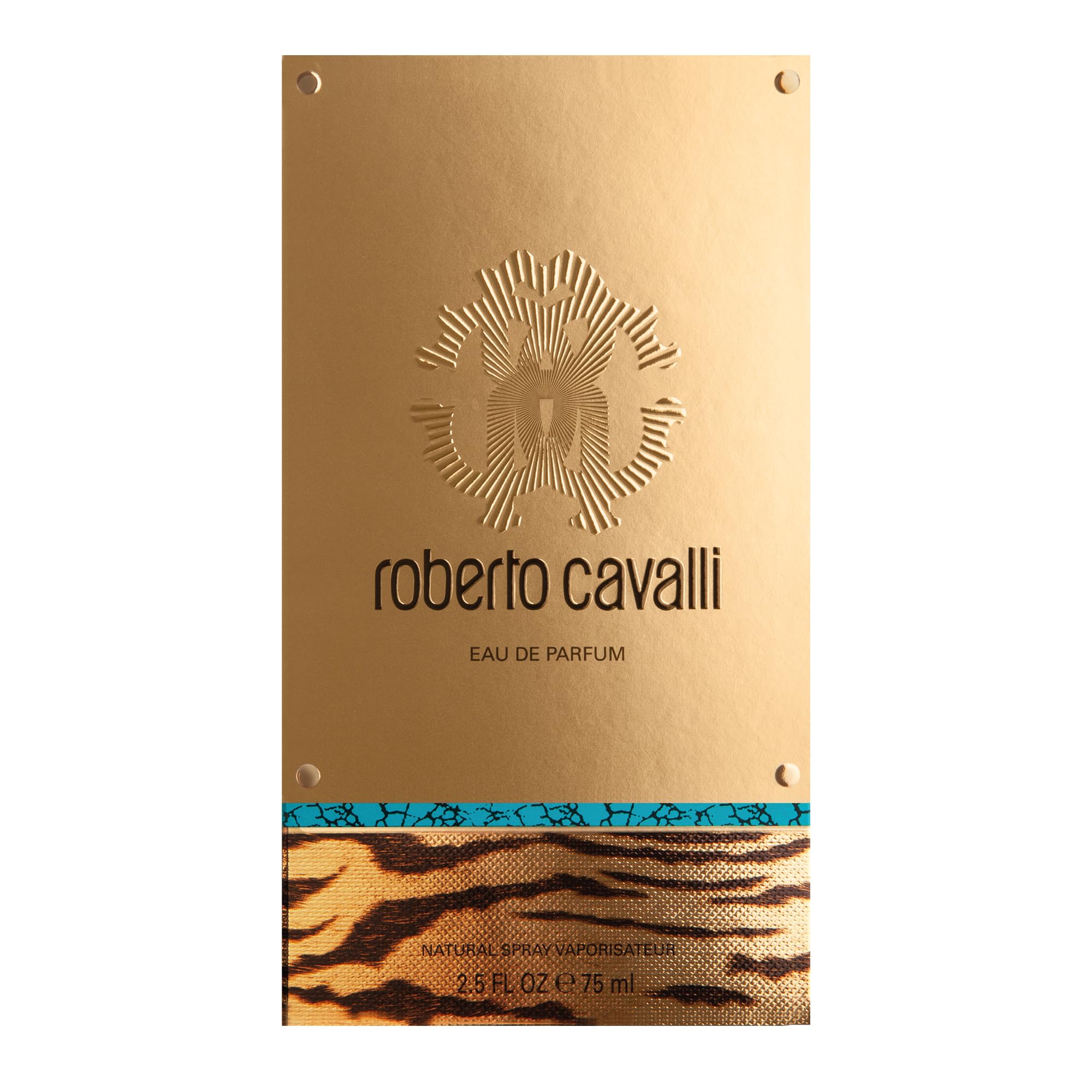 Roberto Cavalli Signature perfume gold and animal print packaging with logo and 2.5 fluid ounces size