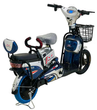 Electric scooter angled view with front basket, blue/white body, covered seat, kickstand