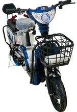 Electric scooter front view with basket, blue/white frame, covered seat, black front wheel
