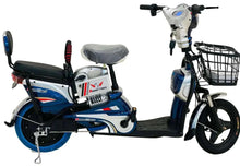 Electric scooter with front basket and covered seat, blue/white body, black handlebars