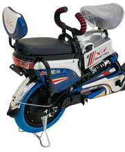 Electric scooter side view with covered seat, red coil suspension, blue/white panels, front basket