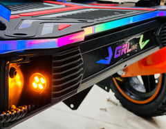 Close-up of the RohaN Wings GR-Line G5 electric bike showcasing colorful lighting and design details