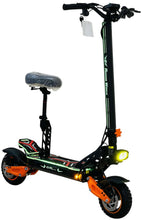 Electric bike with black frame, green graphics, orange fork, and front headlight