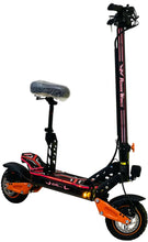 Electric bike with black frame, red graphics, orange fork, and front headlight
