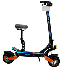 Electric bike with blue frame accents, orange fork, and front headlight
