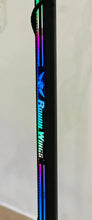 Electric bike frame down-tube with colorful blue and purple graphics stripe detail