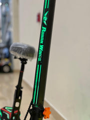 Close-up of RohaN Wings GR-Line G5 electric bike featuring a sleek design and vibrant green highlights