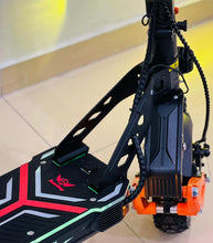Electric bike deck and front suspension area with battery housing and chain drive
