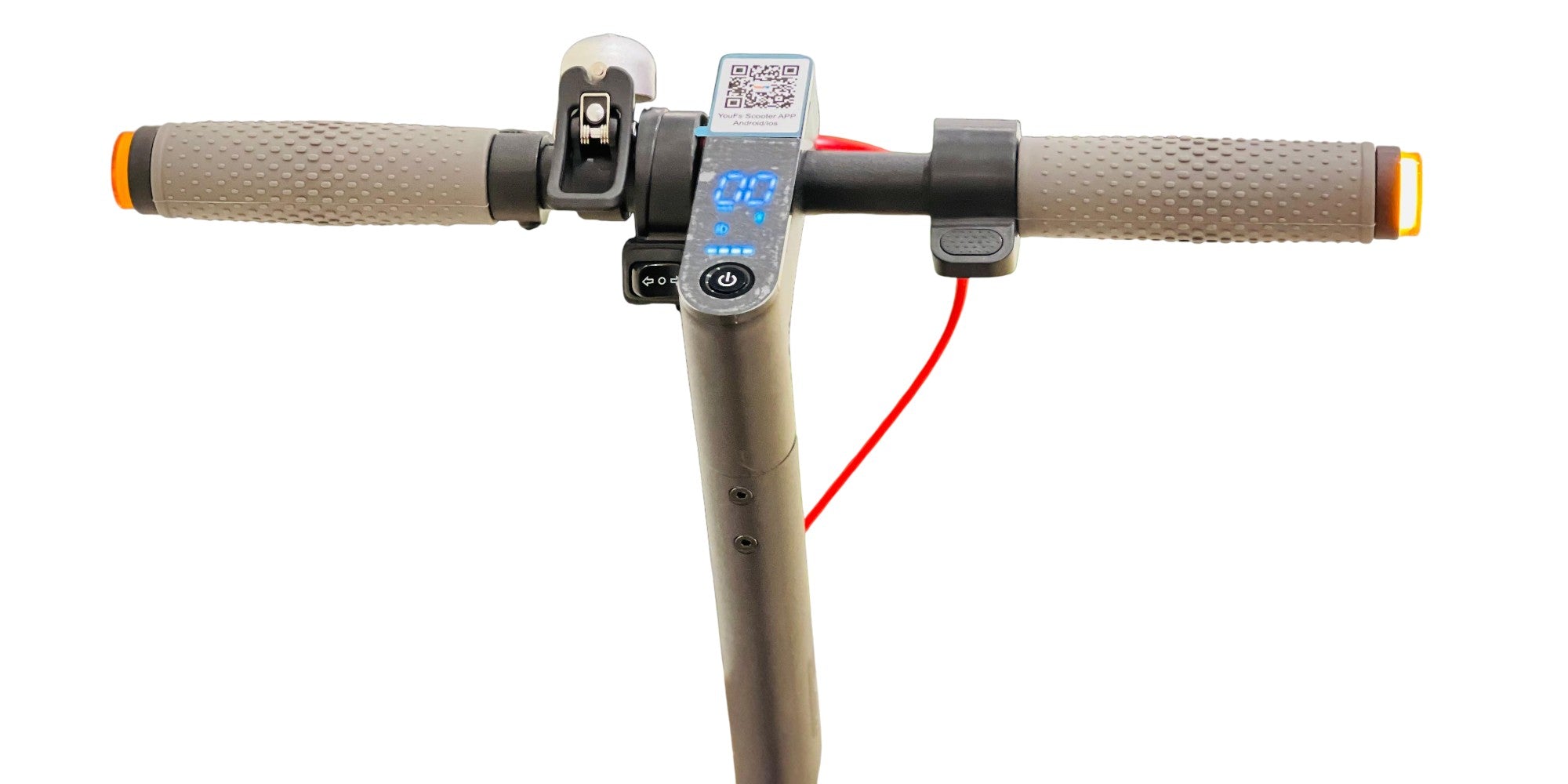 Close-up of RohaN Wings HT04 electric scooter UAE handlebars with digital display and grips