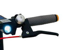 Electric scooter front handlebar close-up with headlight and textured grips