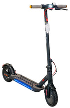 Black electric scooter with front headlight, rear fender, and blue LED deck light