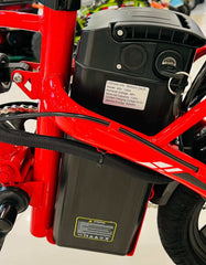 Close-up of RohaN Wings KQ02 electric scooter UAE battery pack showing capacity and specifications