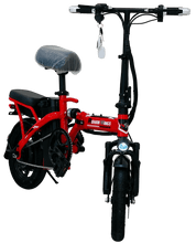 Black and red folding electric scooter, side view with handlebars and seat