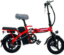 Red folding electric scooter with front headlight and black seat cover