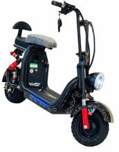 Black electric scooter side view with headlight, blue LED strip, and patterned front fender