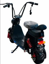 Black electric scooter front three-quarter view with wrapped seat and red rear lights