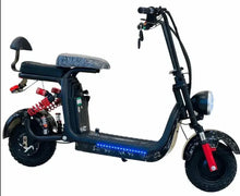 Black electric scooter with blue LED trim, front headlight, and rear storage box