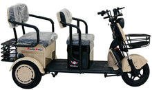 Beige electric scooter with two cushioned seats, black handle frame, and front basket