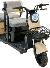 Beige and black electric scooter with round headlight, cushioned seat, and front basket