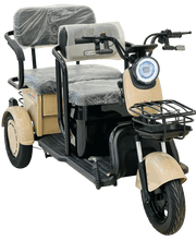Beige and black electric scooter with round headlight and front metal cargo basket