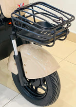 Electric scooter front fender and wire basket with black frame, wheels visible