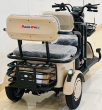 Beige electric scooter with front cargo box, cushioned seat, and front metal basket