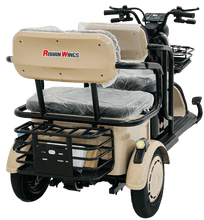 Electric scooter with beige front cargo box, cushioned seat, and metal front basket
