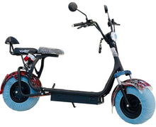 Electric scooter with black frame, blue wheels, and rear cargo seat