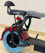 Electric scooter seat and rear frame with blue wheel cover and red-black fender