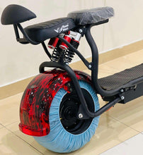 Electric scooter seat, rear suspension, blue wheel cover and red-black fender