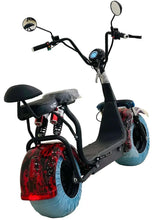 Electric scooter with black frame, black seat, and rear red wheel cover