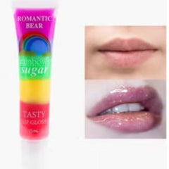 Huitich rainbow lip gloss tube with before and after lips showing glossy pink shine