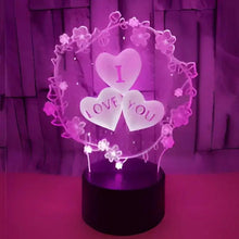 LED heart night lamp with three hearts reading LOVE YOU, glowing on round base