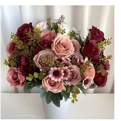 Huitich wedding centerpiece artificial flowers with pink and red roses in white vase floral decor