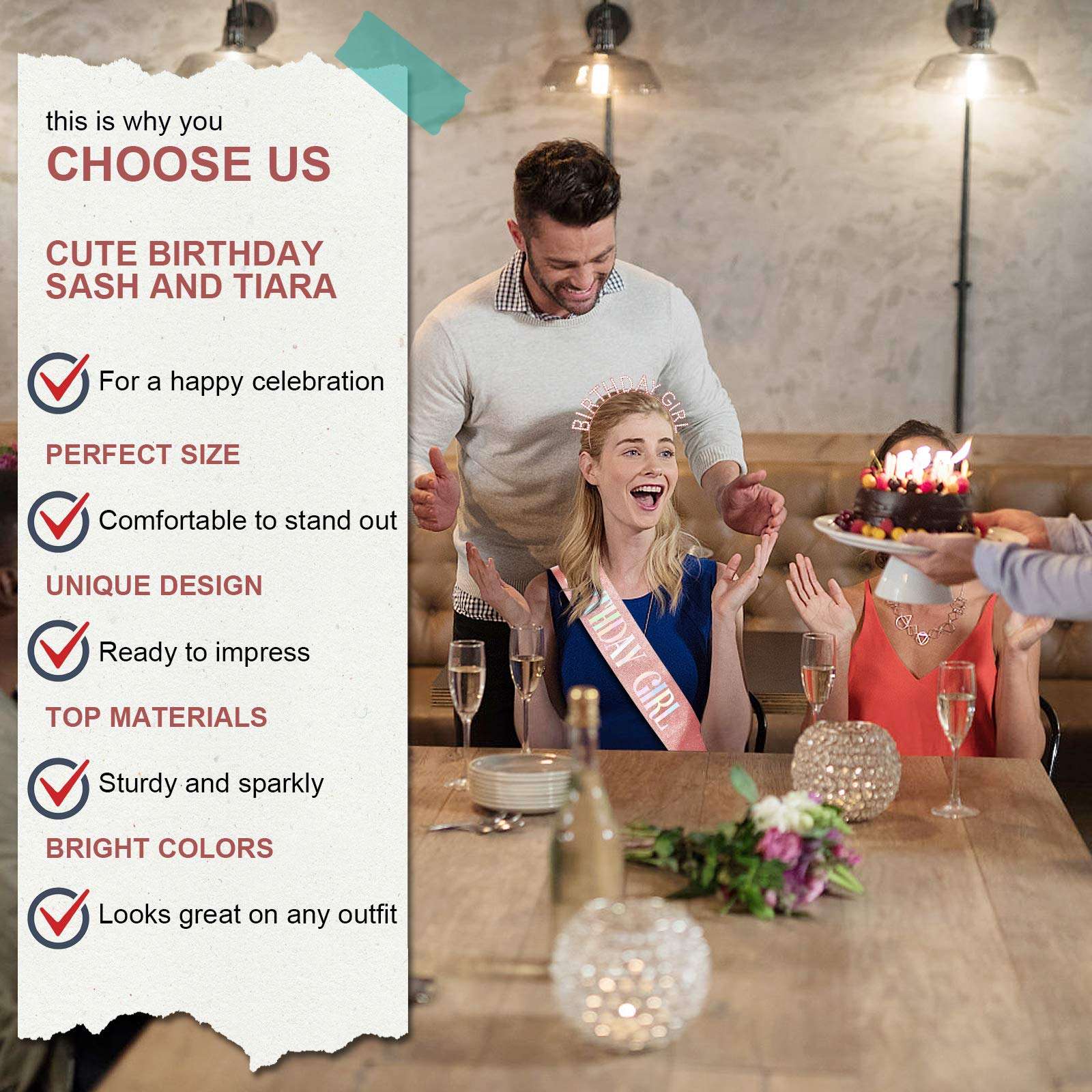 Rose gold birthday crown for women worn by a smiling woman celebrating with friends at a party