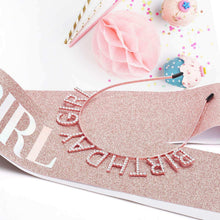 Rose gold glitter birthday sash with rhinestone 'Birthday Girl' lettering