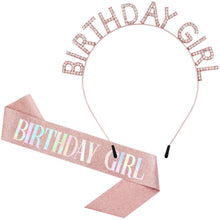 Rose gold rhinestone tiara headband and glitter sash, 'Happy Birthday Girl' text