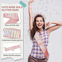 Rose gold glitter birthday sash across chest with 'Birthday Girl' print