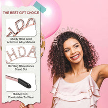 Rose gold rhinestone birthday tiara headband with 'Birthday Girl' arch lettering