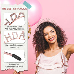 Rose gold birthday crown for women with dazzling rhinestones on a smiling woman wearing pink dress