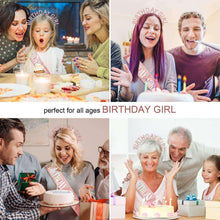 Rose gold glitter birthday sash on partygoer, printed 'Birthday Girl' banner