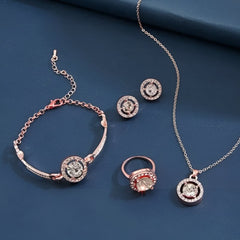 Huitich rose gold crystal jewelry set featuring bracelet, earrings, ring, and necklace with clear crystals