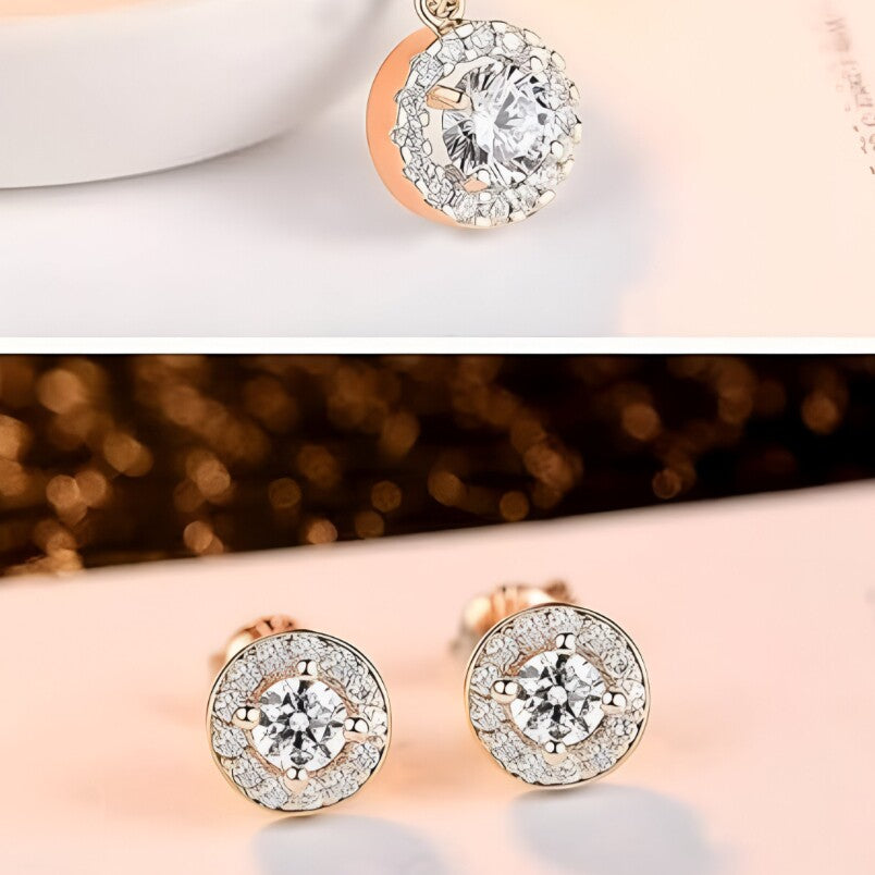 Huitich rose gold crystal jewelry set featuring round stud earrings with sparkling crystals
